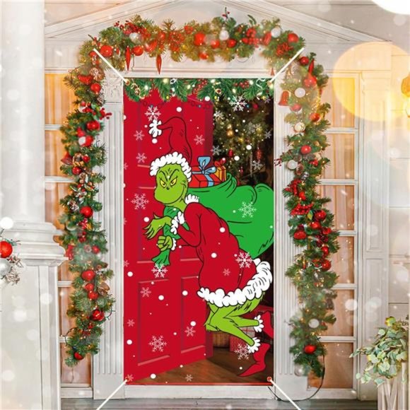 Cover Door Christmas Backdrop for Front Door Decor Party Supplies 70.8x35.4Inch - Picture 3 of 6
